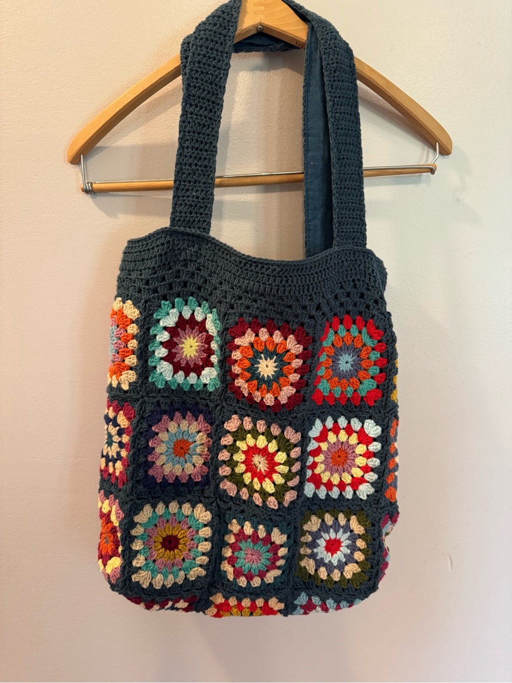Crocheted Granny Square Tote Bag in Navy with Multicolor Accents - Picture 2 of 5